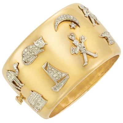 Lot 3187 - Gold, Platinum and Diamond Charm Cuff Bangle Bracelet