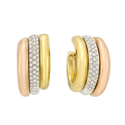 Lot 3378 - Pair of Tricolor Gold and Diamond Hoop Earclips, Cartier