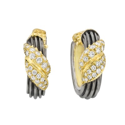 Lot 3346 - Pair of Gold, Blackened Gold and Diamond Hoop Earclips