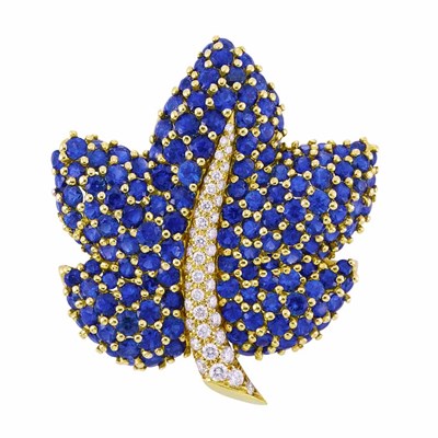 Lot 273 - Gold, Sapphire and Diamond Leaf Clip-Brooch, Jean Vitau