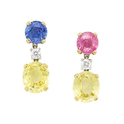 Lot 3388 - Pair of Gold, Multicolored Sapphire and Diamond Pendant-Earclips