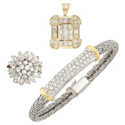 Lot 1336 - Two-Color Gold and Diamond Bracelet, Gold and Diamond Pendant and Platinum and Diamond Flower Pin