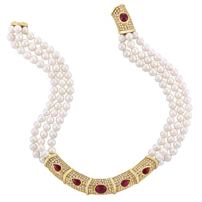 Lot 3206 - Triple Strand Cultured Pearl, Gold, Cabochon Ruby and Diamond Necklace