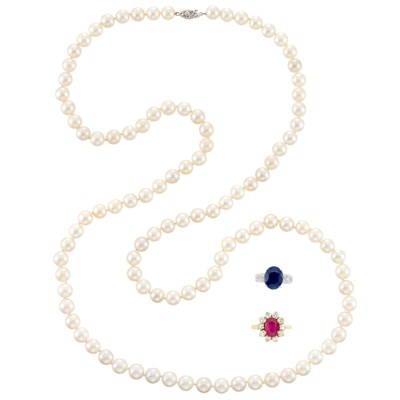 Lot 1116 - Long Cultured Pearl Necklace with White Gold Clasp, White Gold, Sapphire and Diamond Ring and Gold, Ruby and Diamond Ring