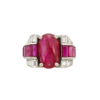 Lot 1084 - Platinum, Cabochon Ruby, Ruby and Diamond Ring