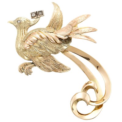 Lot 1103 - Two-Color Gold and Diamond Bird Clip-Brooch