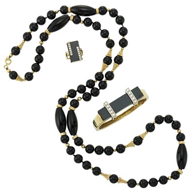 Lot 1343 - Gold and Black Onyx Necklace and Gold, Black Onyx and Diamond Bangle Bracelet and Ring