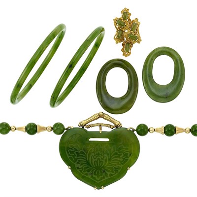 Lot 1346 - Group of Gold and Nephrite Jewelry