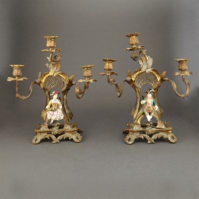 Lot 186 - Pair of Bronze Three-Light Candelabra Mounted...