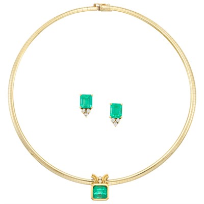 Lot 1277 - Gold, Emerald and Diamond Necklace and Pair of Earrings