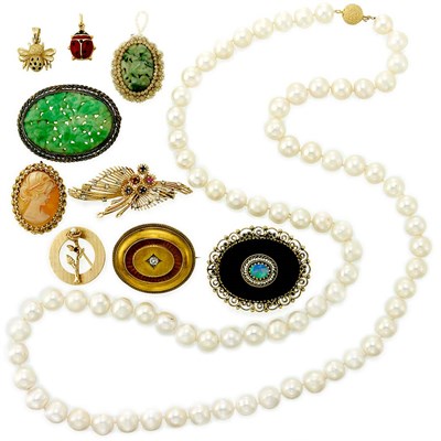 Lot 1371 - Five Gold Pins and Pendant-Brooches, Two Gold Pendants, Carved Jade Pendant and Brooch and Cultured Pearl Necklace