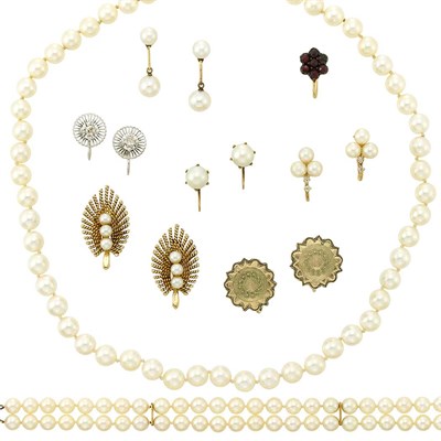 Lot 1457 - Group of Yellow and White Gold, Gold-Filled and Cultured Pearl Jewelry