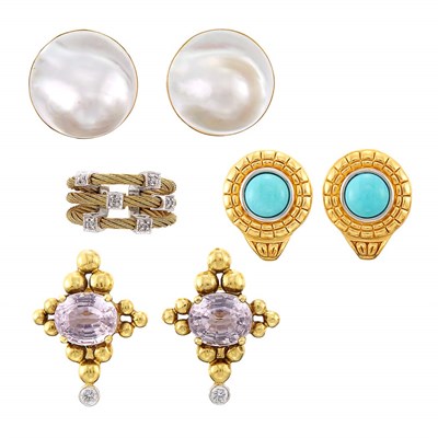Lot 1231 - Three Pairs of Gold, Turquoise, Blister Pearl, Kunzite and Diamond Earclips and Gold, Stainless Steel and Diamond Ring
