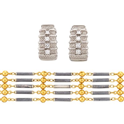 Lot 1193 - Multistrand High Karat Gold and Silver Bead Bracelet and Pair of White Gold and Diamond Earclips
