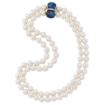 Lot 245 - Double Strand Cultured Pearl Necklace with White Gold, Cabochon Sapphire and Diamond Clasp, Seaman Schepps