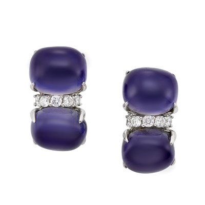 Lot 244 - Pair of White Gold, Cabochon Iolite and Diamond Earclips, Seaman Schepps