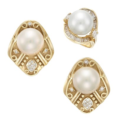 Lot 1269 - Gold, Cultured Pearl and Diamond Ring and Pair of Gold, Mabe Pearl and Diamond Earrings