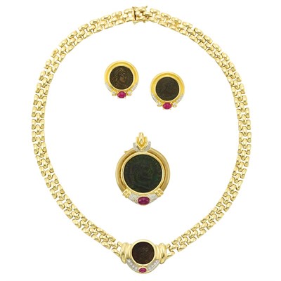 Lot 1263 - Group of Gold, Coin, Diamond and Cabochon Ruby Jewelry