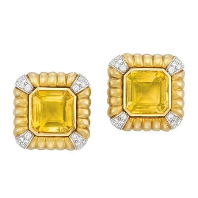 Lot 194 - Pair of Gold, Platinum, Citrine and Diamond Earclips, Andrew Clunn