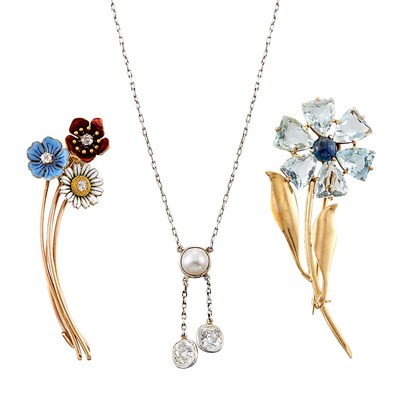 Lot 1413 - Two Gold, Enamel, Gem-Set and Diamond Flower Pins and White Gold, Button Pearl and Diamond Necklace