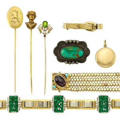 Lot 1396 - Group of Gold, Silver and Hardstone Jewelry