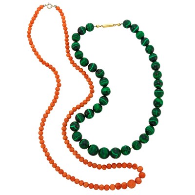 Lot 1347 - Coral Bead Necklace and Malachite Bead Necklace