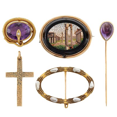 Lot 1339 - Four Gold, Low Karat Gold, Freshwater Cultured Pearl, Amethyst, Micromosaic Pins and Gold Cross Pendant