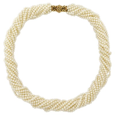 Lot 23 - Twelve Strand Natural Pearl Torsade Necklace with Gold Clasp
