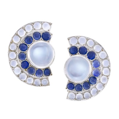 Lot 378 - Pair of Platinum, Moonstone and Cabochon Sapphire Earclips, France