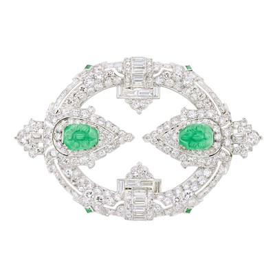 Lot 128 - Platinum, Diamond and Carved Emerald Brooch, Charlton