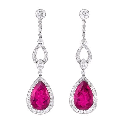 Lot 155 - Pair of Platinum, Diamond, and Rubellite Pendant-Earrings