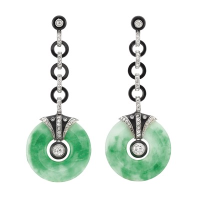 Lot 120 - Pair of Platinum, Black Onyx, Enamel, Diamond and Jade Pendant-Earrings