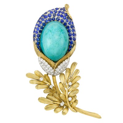 Lot 397 - Two-Color Gold, Turquoise, Sapphire and Diamond Flower Brooch