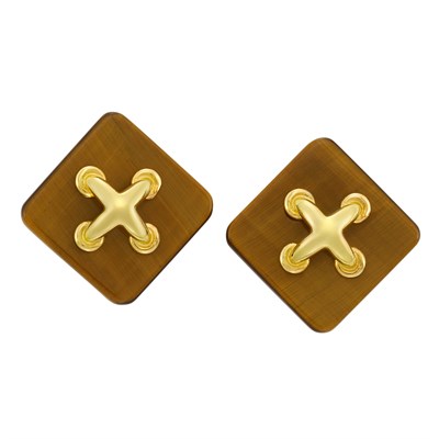 Lot 208 - Pair of Gold and Tiger's Eye Earclips, Aldo Cipullo