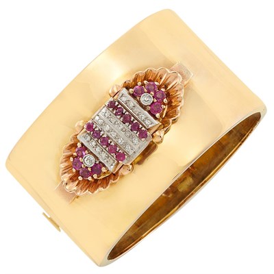 Lot 1089 - Wide Gold, Diamond and Ruby Bangle Bracelet