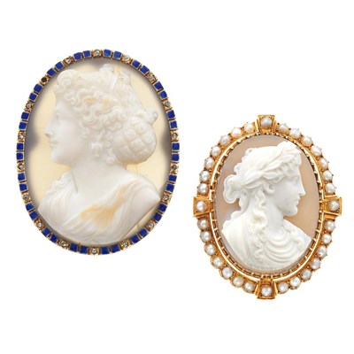Lot 1294 - Two Gold, Cameo, Enamel, Diamond and Split Pearl Pendant-Brooches