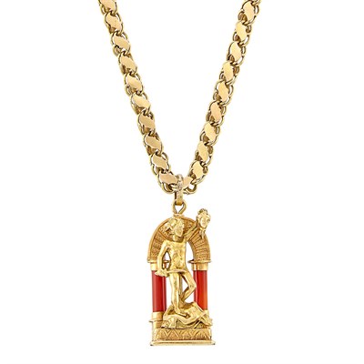 Lot 1301 - Gold and Carnelian Pendant and Long Gold Chain Necklace