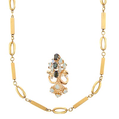 Lot 1328 - Long Gold Chain Necklace and Gold, Opal and Diamond Ring