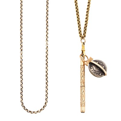 Lot 1427 - Long Gold Chain Necklace and Gold Chain Necklace with Metal Coin and Pencil Charms