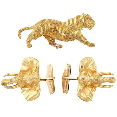 Lot 1288 - Pair of Low Karat Gold and Gold-Filled Elephant Cufflinks and Gold and Diamond Tiger Pin