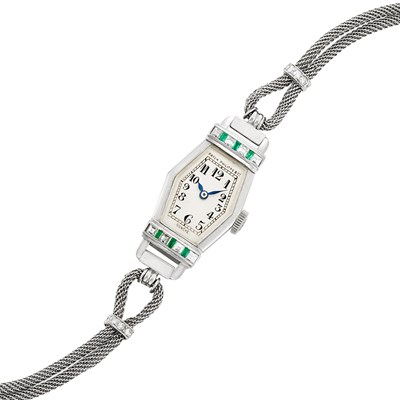 Lot 126 - Art Deco Double Strand Platinum, Diamond and Emerald Mesh Wristwatch, Patek Philippe