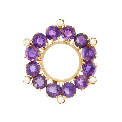 Lot 1086 - Gold, Amethyst and Cultured Pearl Circle Pin