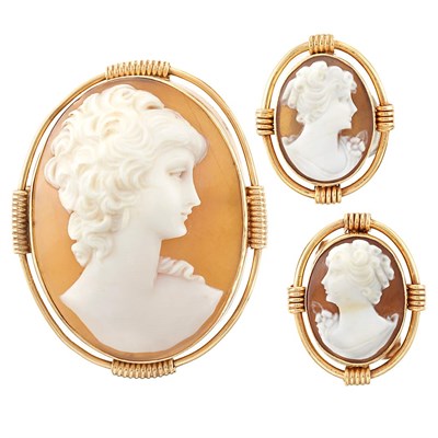 Lot 1254 - Gold and Cameo Pendant-Brooch and Pair of Earrings