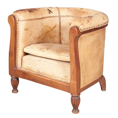 Lot 492 - Mid Century Leather and Stained Wood Armchair