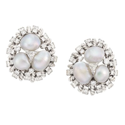 Lot 148 - Pair of White Gold, Freshwater Pearl and Diamond Earclips, David Webb