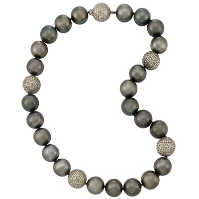 Lot 254 - Tahitian Black Cultured Pearl, Blackened Gold and Multicolored Diamond Bead Necklace