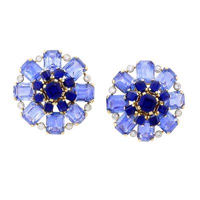 Lot 376 - Pair of Gold, Platinum, Sapphire and Diamond Earclips