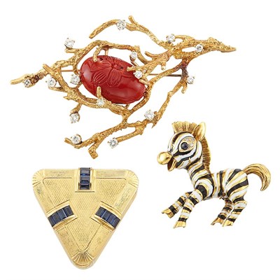 Lot 1287 - Gold, Enamel, Sapphire and Diamond Zebra Pin, Gold and Sapphire Pill Pendant-Case and Gold, Carved Coral and Diamond Pin