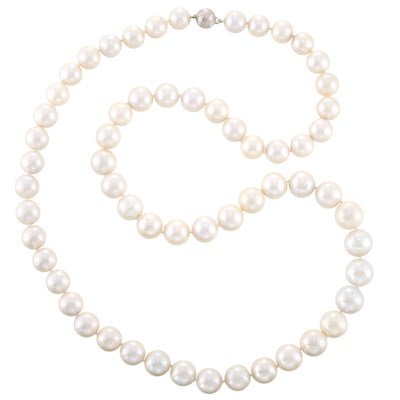 Lot 1122 - Long South Sea Cultured Pearl Necklace with White Gold and Diamond Ball Clasp
