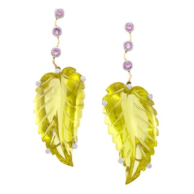 Lot 1130 - Pair of White Gold, Carved Lemon Quartz, Diamond and Pink Sapphire Pendant-Earrings